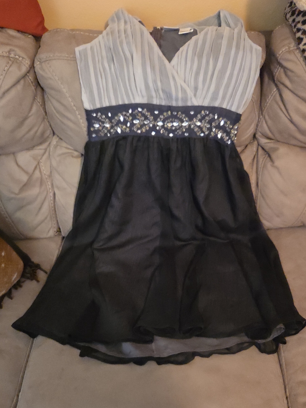 Newport News Black Chiffon Dress with Light Gray Pleated Bodice Never Worn